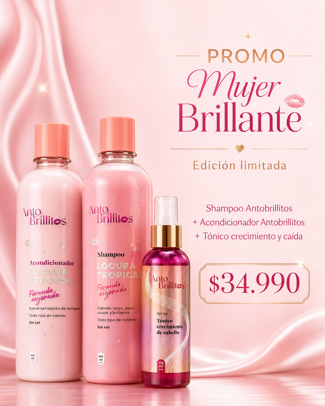 Promo Mujer Brillante – Pack Crecimiento y Caída Locura Tropical (Shampoo + Acondicionador) + Tónico de Crecimiento Capilar