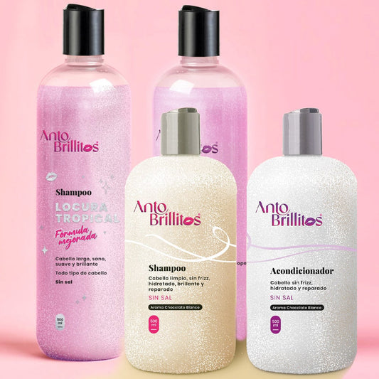 Promoción: Pack Reparación Brillo Capilar Chocolate Blanco (Shampoo + Acondicionador) + Pack Crecimiento y Caída Locura Tropical (Shampoo + Acondicionador)
